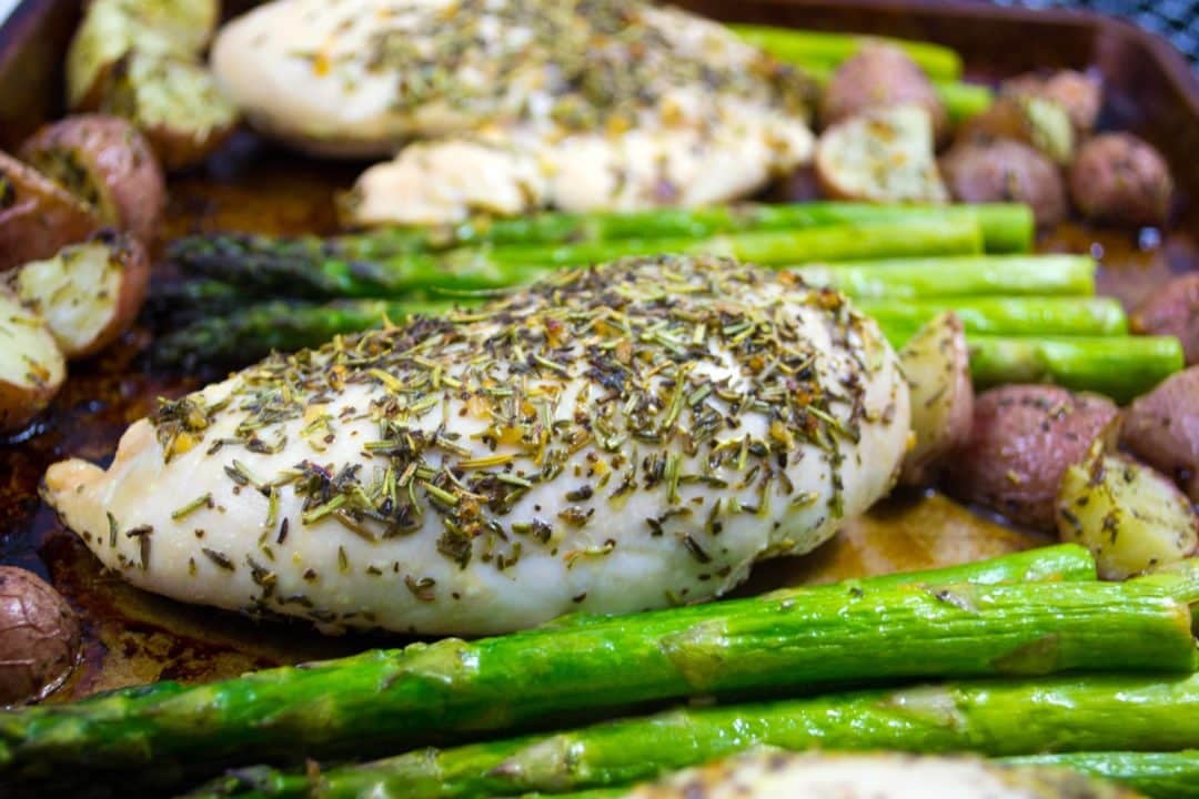 Roasted Garlic Herb Chicken Sheet Pan Dinner with Asparagus and