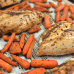 Maple Dijon Chicken and Carrots Healthy Sheet Pan Dinner. Easy, healthy, and bakes on a single sheet pan for quick cleanup. A family favourite and true crowd pleaser! #sheetpandinner #healthydinner #healthyrecipe