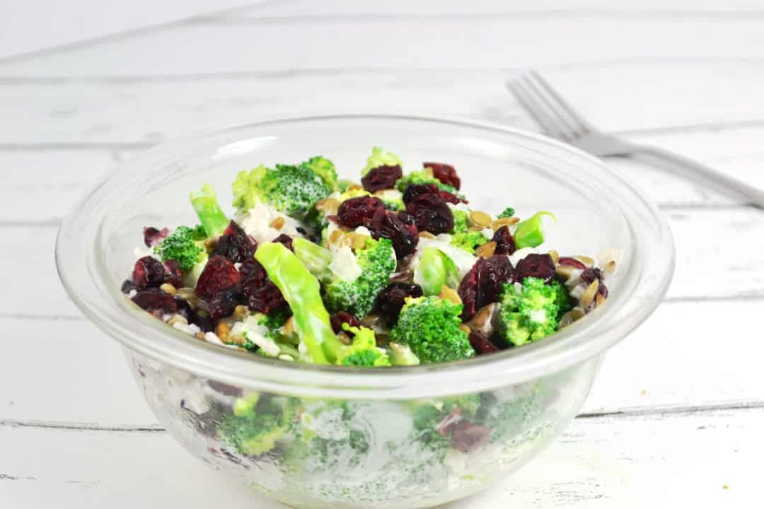 Healthy Broccoli Cranberry Salad with Greek Yogurt Dressing - DSC 0629 00001 Bowl of healthy broccoli salad with fork in the background.