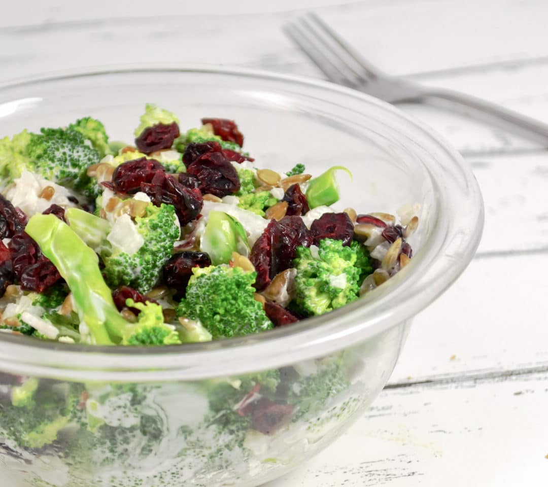 Healthy Broccoli Cranberry Salad with Greek Yogurt Dressing - DSC 0630 00001 Bowl of healthy broccoli salad with fork in the background.