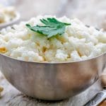 Garlic Parmesan Cauliflower Rice goes with almost everything from steak to chicken, to lean turkey meatballs. It’s super flavourful with lots of olive oil, garlic, parmesan, fresh parsley and salt and black pepper.