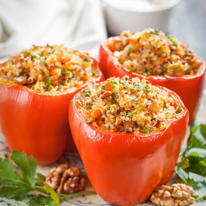 Quinoa Stuffed Peppers 2 - Let’s go keen-wah crazy with this tasty round-up of easy quinoa salad recipes to take to your next potluck! These delicious quinoa salad recipes are gloriously gluten-free with lots of vegetarian options too.