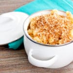 Easy cheesy tuna casserole in a white casserole dish with breadcrumb topping