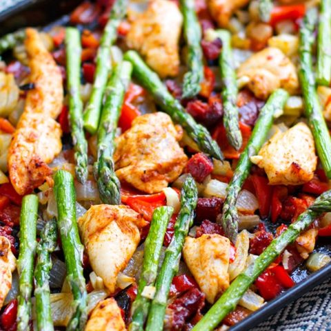 asparagus chicken chorizo social - Is there anything better than making an entire meal on one pan? No there is not. I compiled 19 healthy sheet pan chicken recipes that make weeknight meals a breeze!