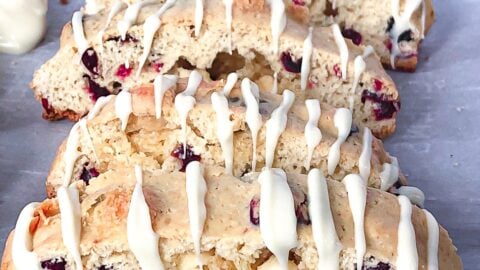 Close up of White Chocolate Cranberry Almond Biscotti on a baking sheet