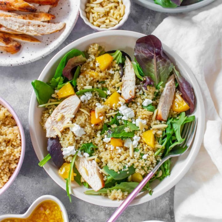 quinoa peach salad 8 - Let’s go keen-wah crazy with this tasty round-up of easy quinoa salad recipes to take to your next potluck! These delicious quinoa salad recipes are gloriously gluten-free with lots of vegetarian options too.