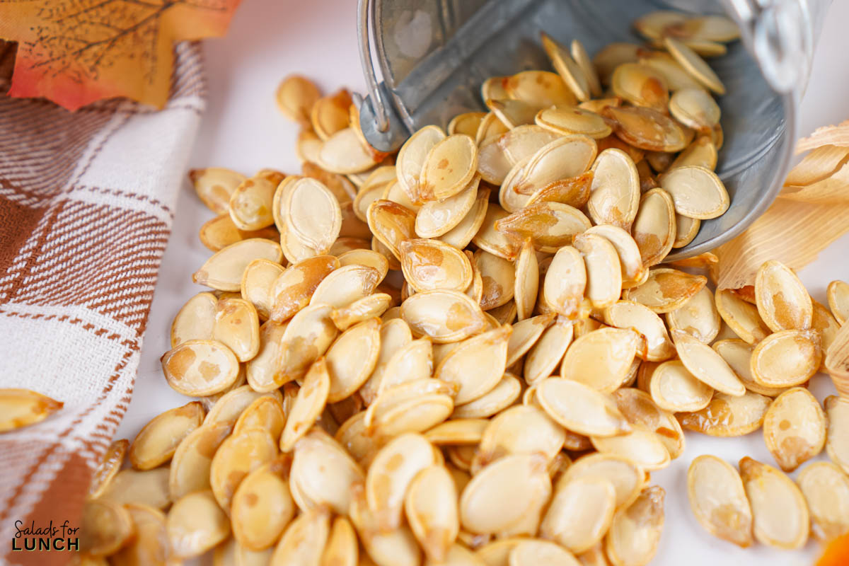 Roasted Pumpkin Seeds 29 - Next time you carve pumpkins or cook fresh pumpkins don't throw out the pumpkin seeds. They make great snacks that are rich in fiber and kids love them. Purists will want only salt as a seasoning, but if you're feeling adventurous, experiment and have fun with seasoning blends.