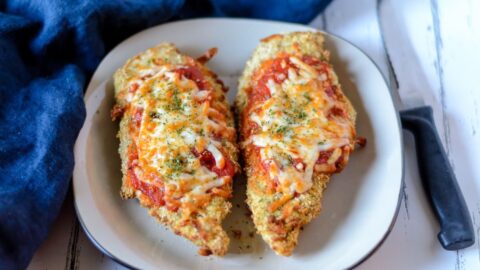 Air Fryer Chicken Parmesan 9 - Making this air fryer chicken parmesan is easy to do and takes half the time than it does in the conventional oven. Crispy and delicious! Garnish with parsley, serve with Easy Air Fryer Broccoli and enjoy!!