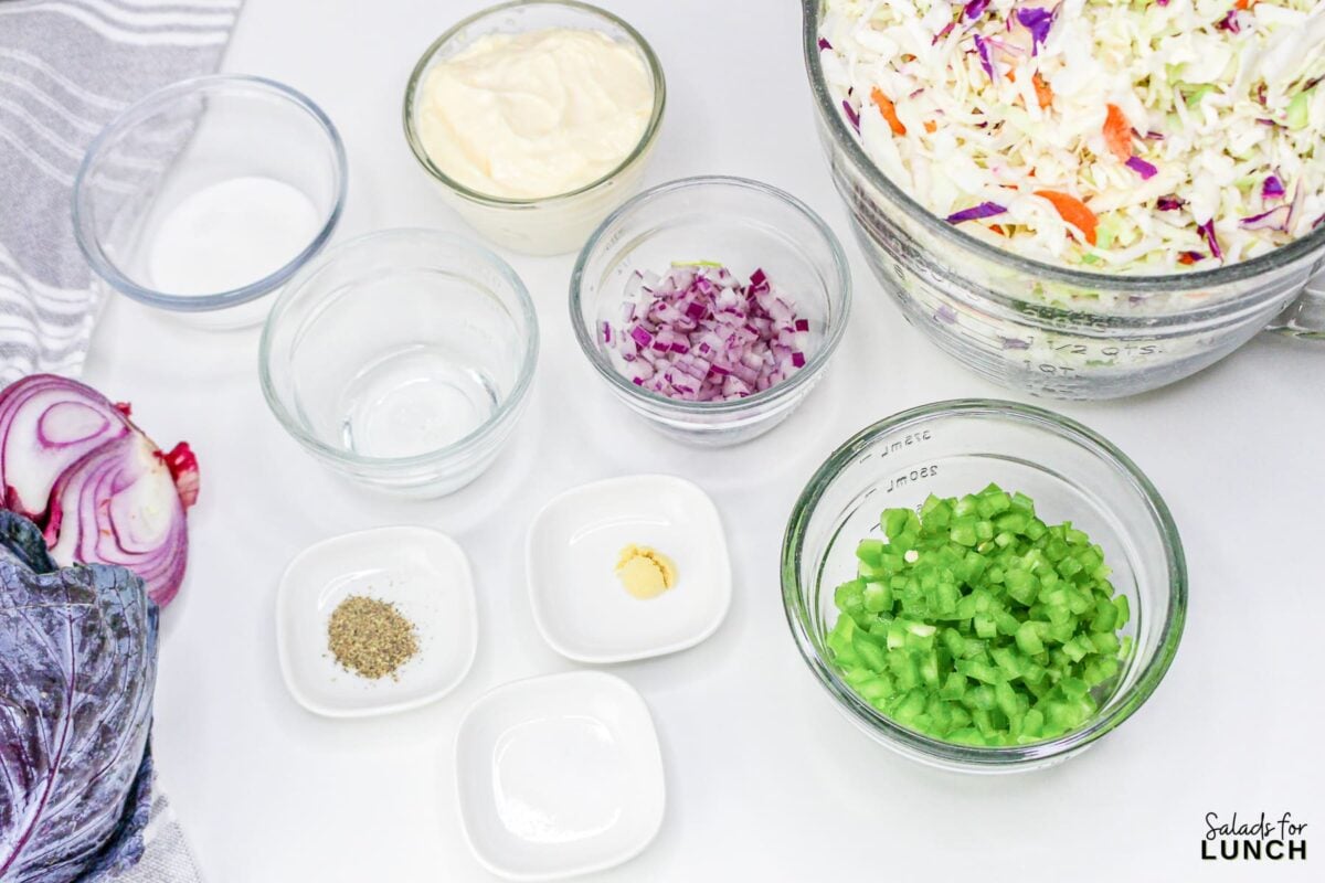 Ingredients for classic coleslaw salad with mayonnaise: cabbage, carrots, onion, bell pepper, mayo, and seasonings.