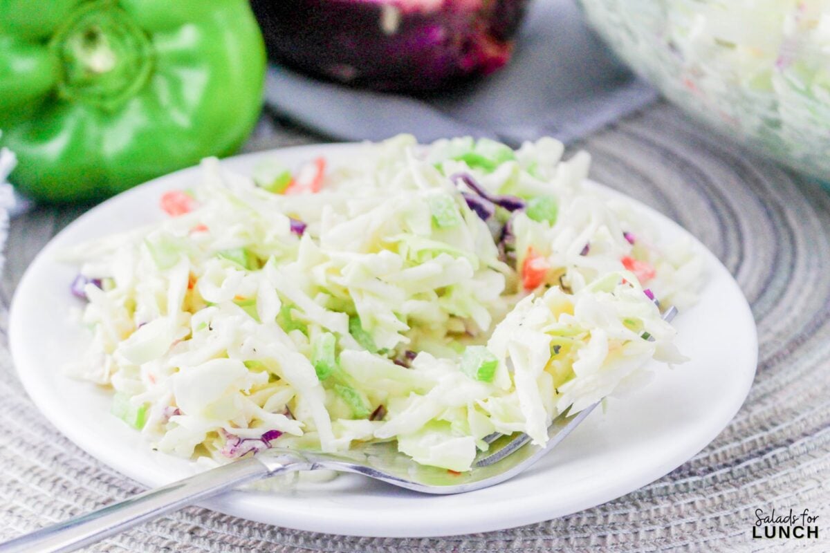 Classic coleslaw salad with mayonnaise on a white plate, ready to serve.