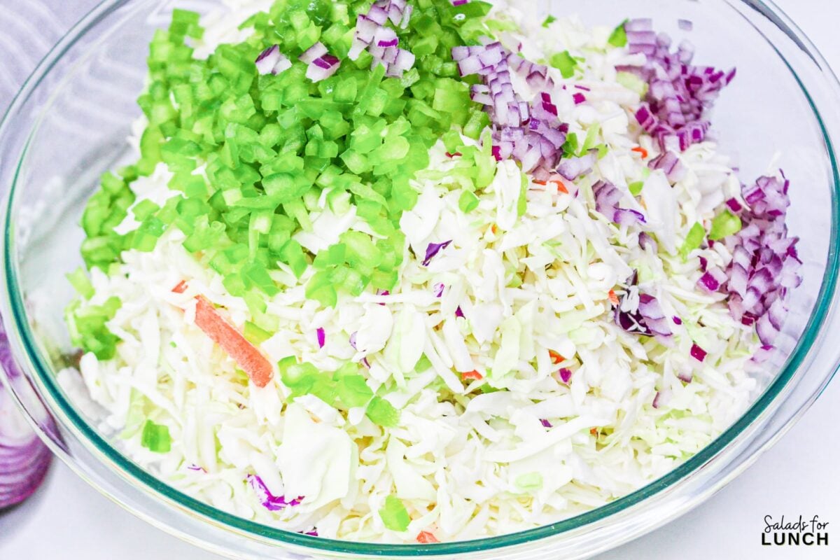 Classic coleslaw salad ingredients in a bowl: shredded cabbage, carrots, green bell peppers, and red onion.