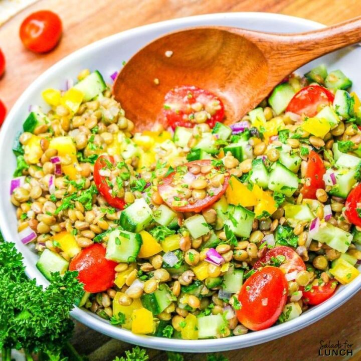 Vegan Lemon Lentil Salad - Discover 21 vibrant salads perfect for your Fourth of July celebration! From patriotic fruit salads to zesty coleslaws, elevate your holiday spread with fresh flavors.