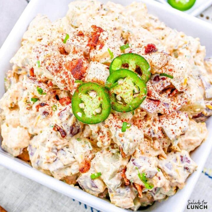 Loaded Jalapeno Popper Potato Salad - Give these 24 healthy winter salads to make in January a try. Each one is made with fresh seasonal produce to nourish and keep you healthy all winter long.
