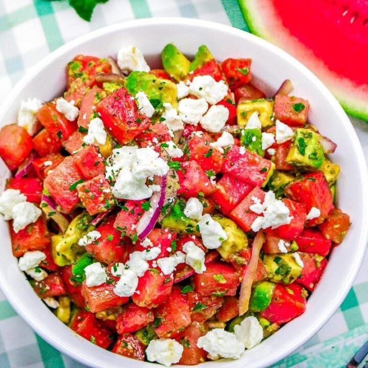 Watermelon Avocado Salad Recipe 13 - Discover 21 vibrant salads perfect for your Fourth of July celebration! From patriotic fruit salads to zesty coleslaws, elevate your holiday spread with fresh flavors.