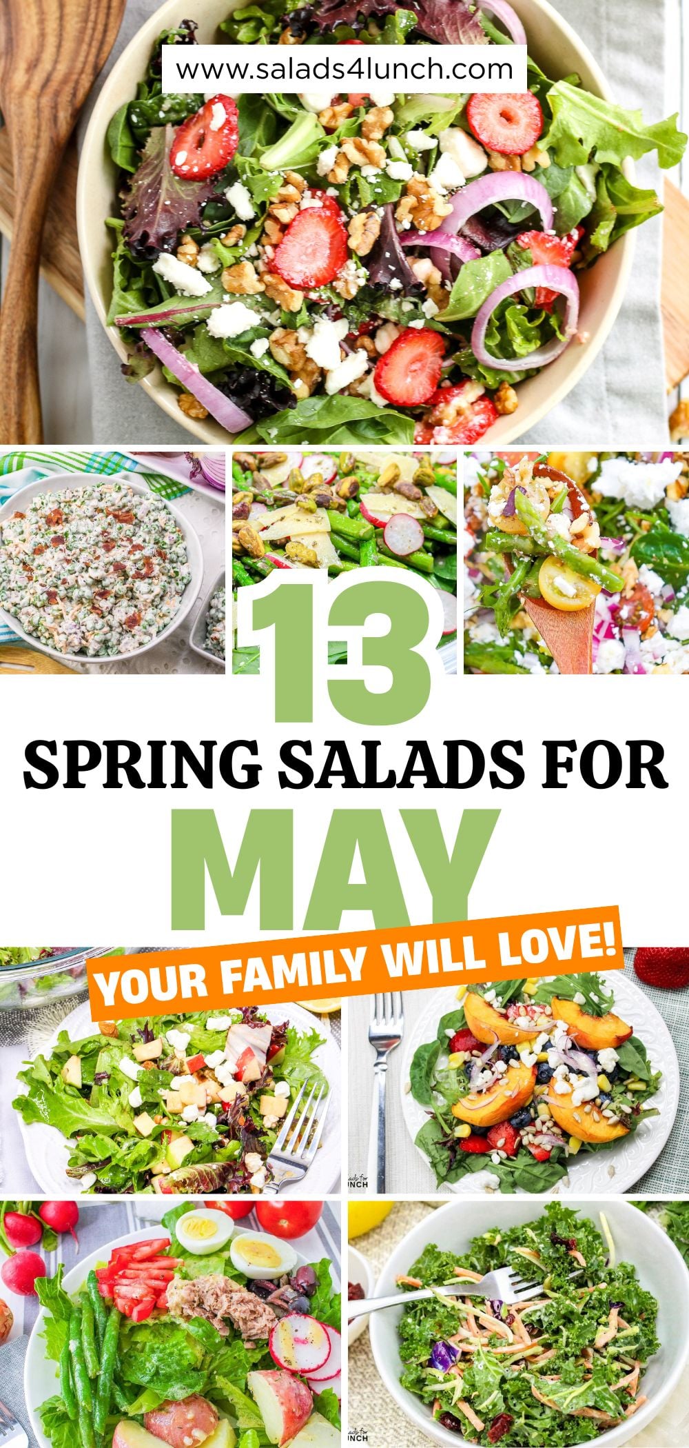 13 Spring Salads for May Your Family Will Love! featuring strawberry salad, asparagus salads, and spinach salads.