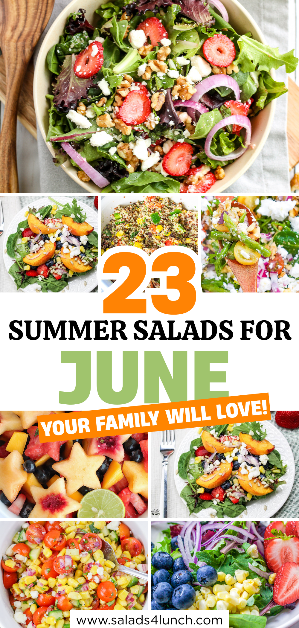 Collage of summer salads for June.