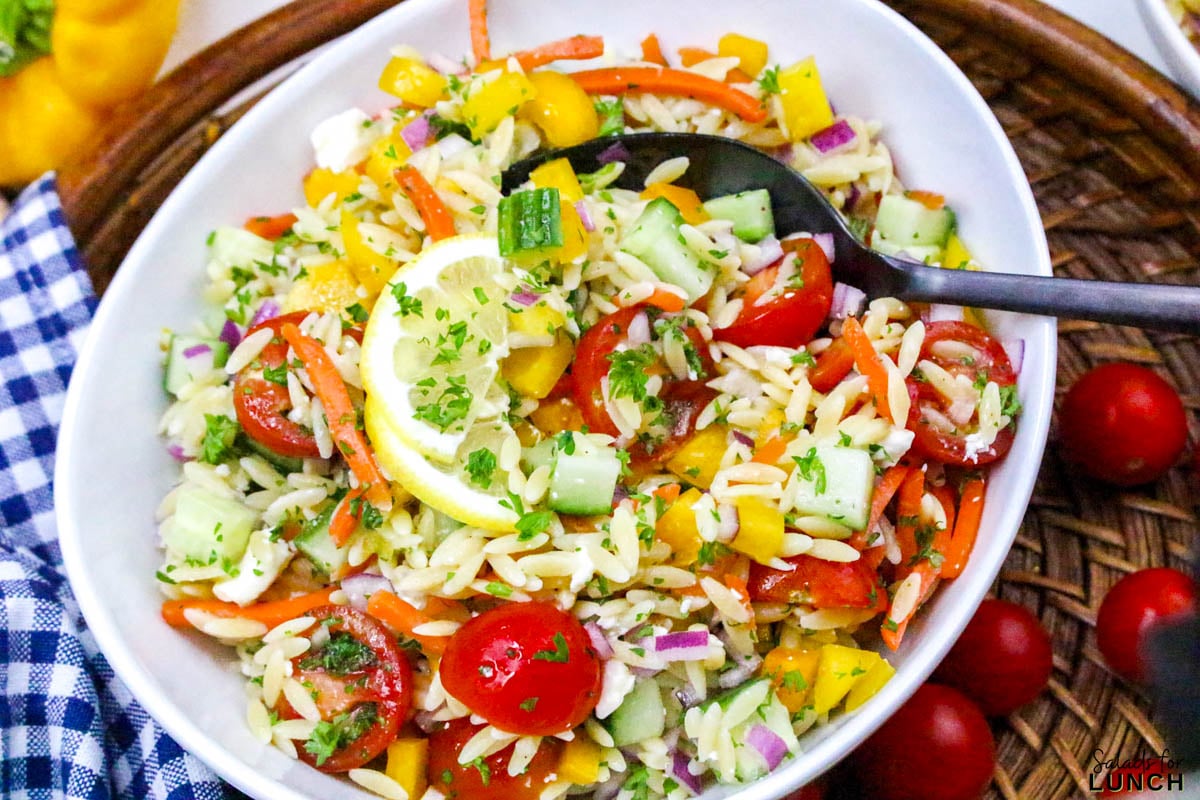 Rainbow Orzo Salad - Rainbow Orzo Salad Recipe 19 Rainbow orzo pasta salad in a white bowl.