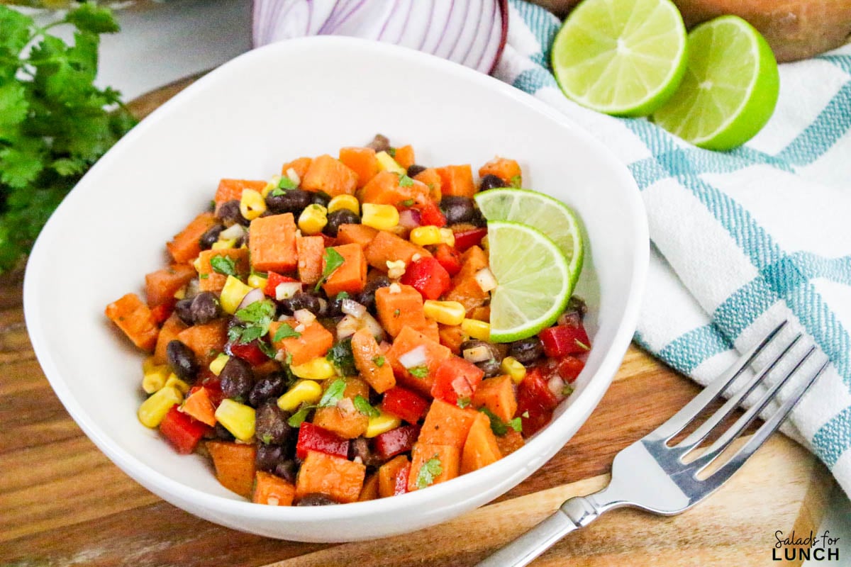 This easy Southwestern Sweet Potato Salad is a healthy, make-ahead recipe with black beans, corn, and a zesty lime dressing—perfect warm or chilled!