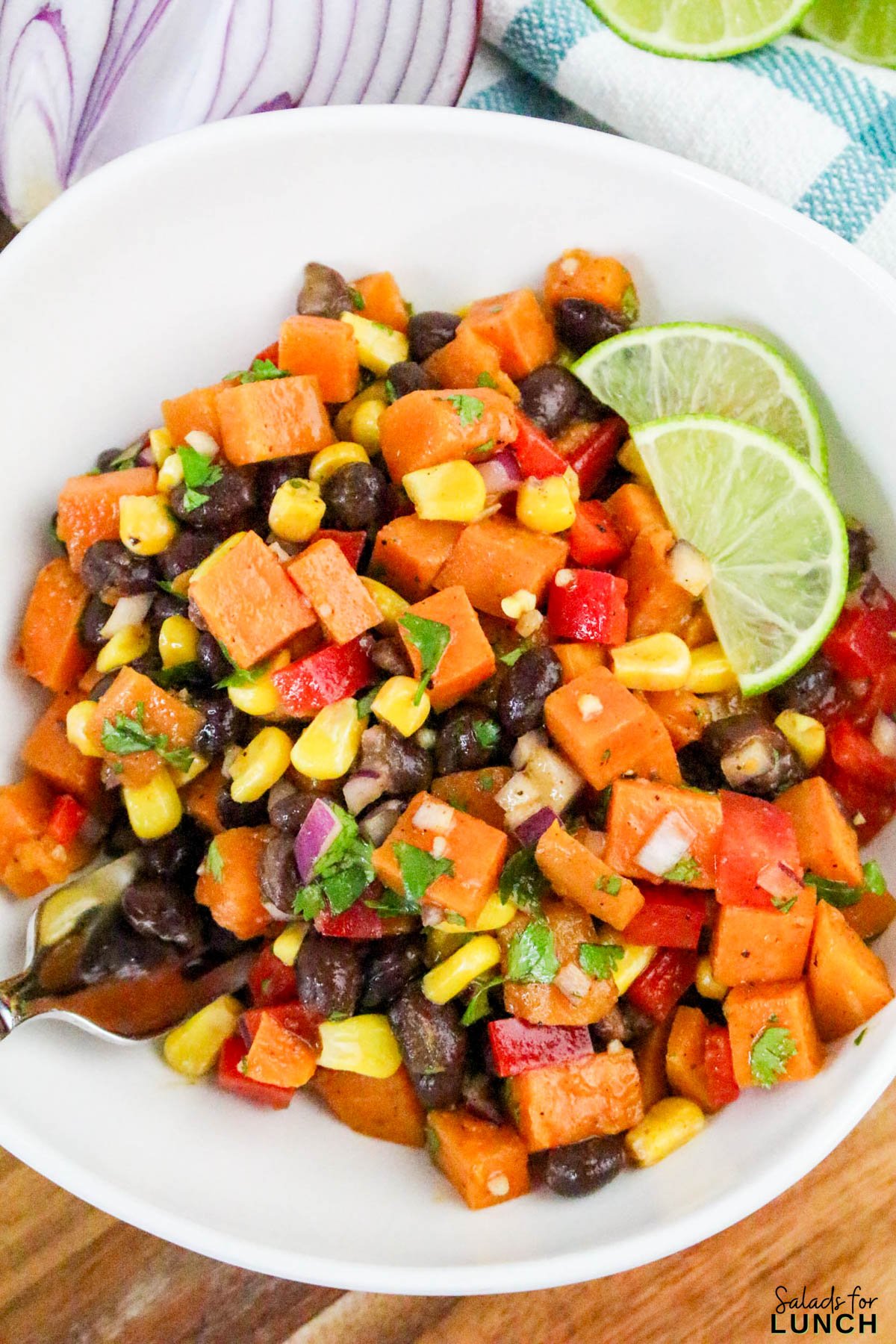 Southwestern Sweet Potato Salad 31 - This easy Southwestern Sweet Potato Salad is full of bright, bold flavors and cozy roasted sweet potatoes that’ll keep you coming back for more. It’s got all the Tex-Mex goodness—corn, black beans, red pepper, cilantro, and a zippy lime dressing that ties everything together. Whether you serve it warm or chill it for later, it makes a tasty and healthy salad that’s perfect for meal prep, picnics, or potlucks.