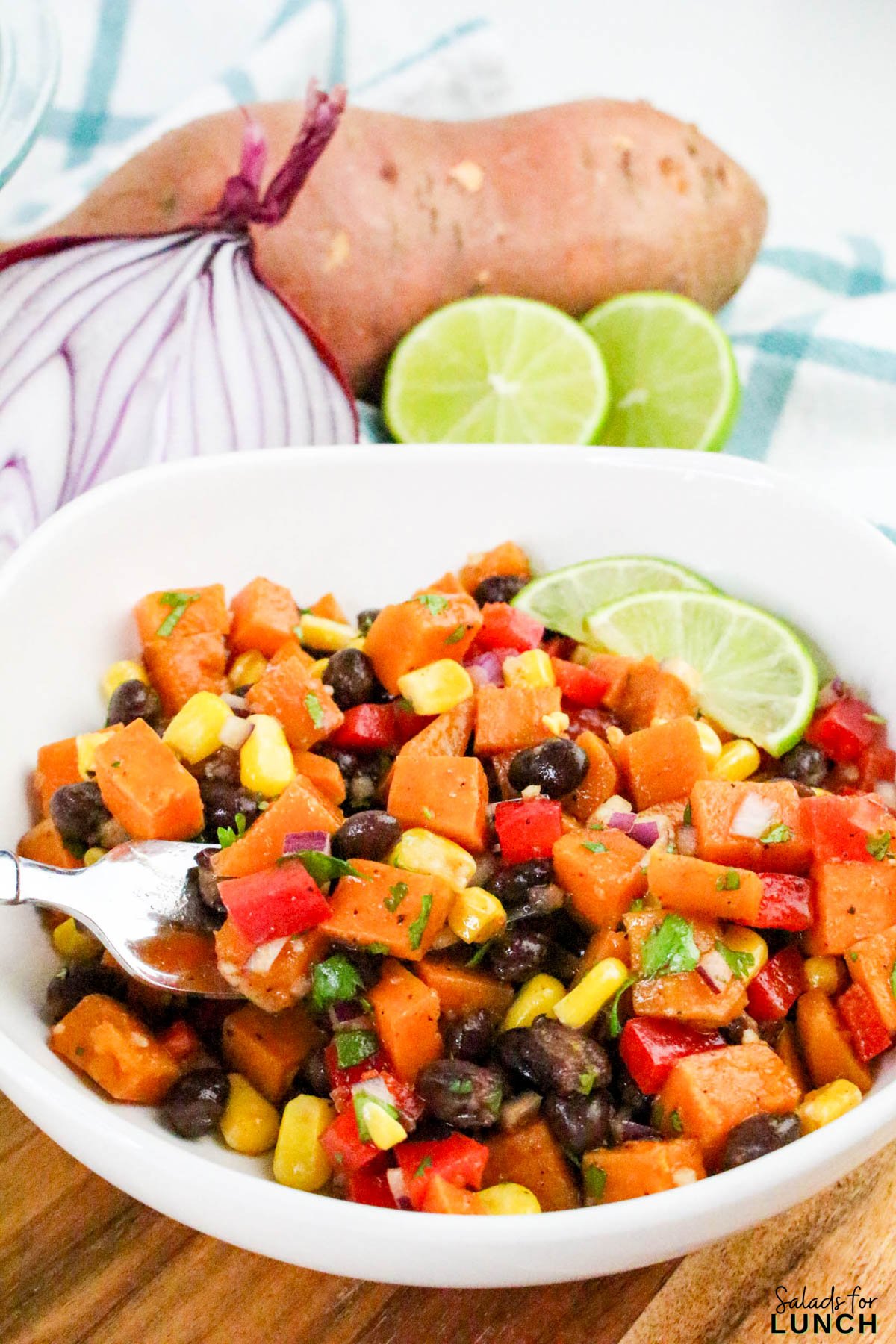 Southwestern Sweet Potato Salad 36 - This easy Southwestern Sweet Potato Salad is full of bright, bold flavors and cozy roasted sweet potatoes that’ll keep you coming back for more. It’s got all the Tex-Mex goodness—corn, black beans, red pepper, cilantro, and a zippy lime dressing that ties everything together. Whether you serve it warm or chill it for later, it makes a tasty and healthy salad that’s perfect for meal prep, picnics, or potlucks.