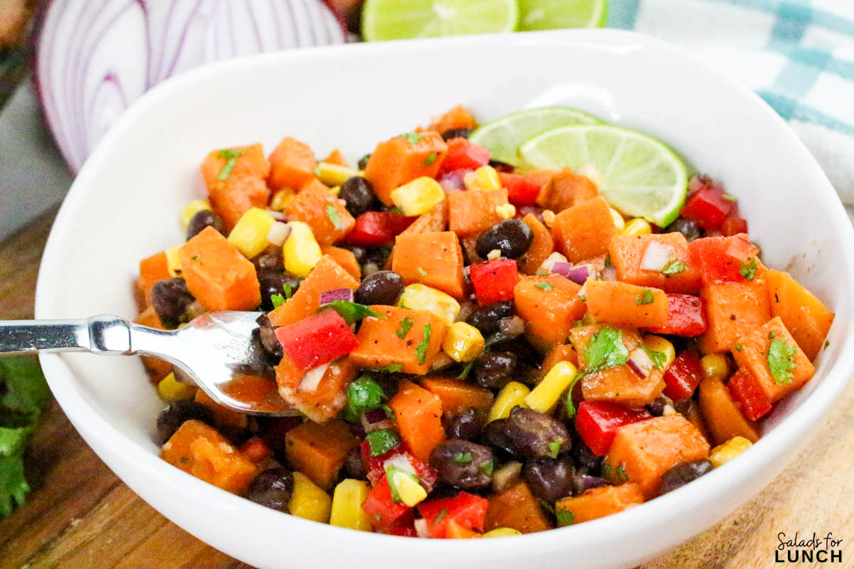 Southwestern Sweet Potato Salad 37 - This easy Southwestern Sweet Potato Salad is full of bright, bold flavors and cozy roasted sweet potatoes that’ll keep you coming back for more. It’s got all the Tex-Mex goodness—corn, black beans, red pepper, cilantro, and a zippy lime dressing that ties everything together. Whether you serve it warm or chill it for later, it makes a tasty and healthy salad that’s perfect for meal prep, picnics, or potlucks.