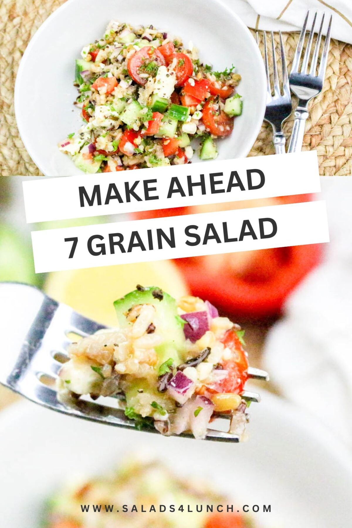 Fork scooping a bite of 7 grain salad with cucumber, tomato, red onion, and feta.