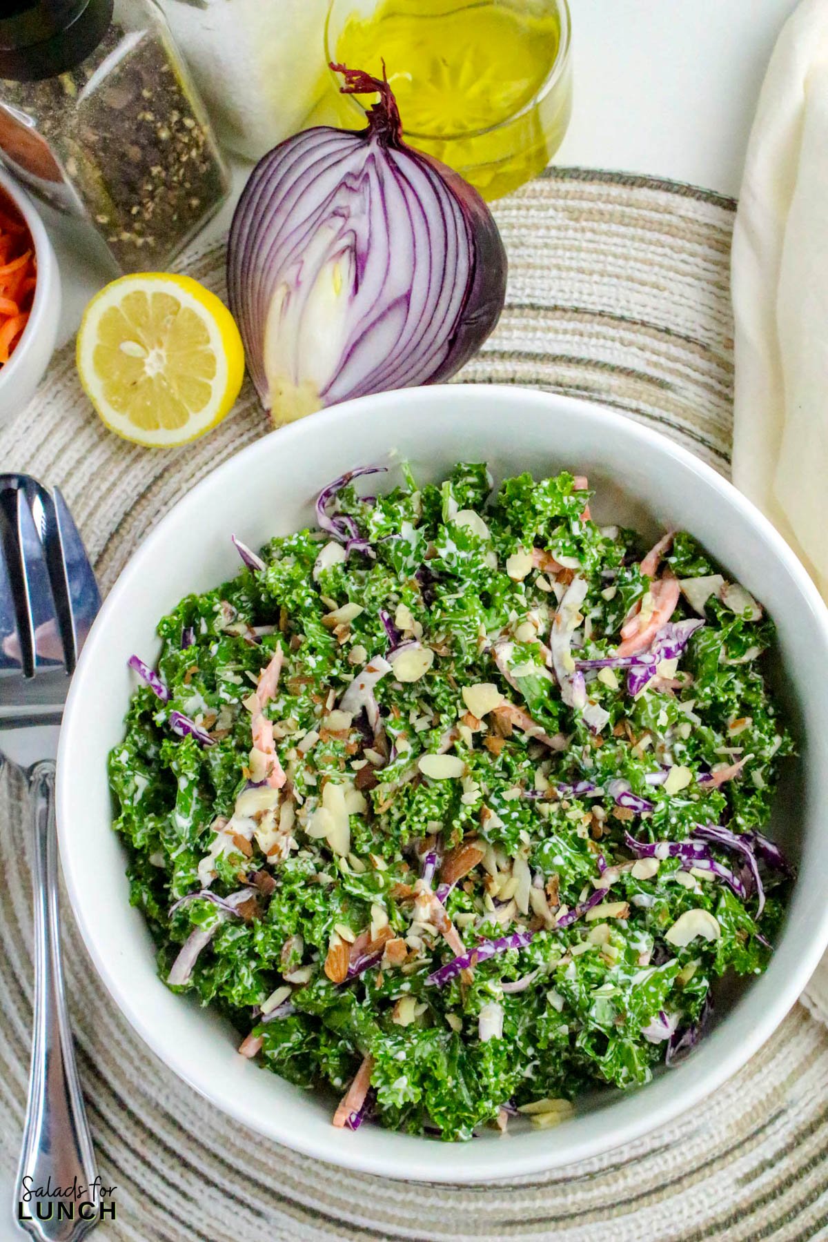 Creamy Kale Salad Recipe 26 - Kale lovers, this one’s for you! This Chopped Kale Salad recipe is crunchy, creamy, and downright crave-worthy. It’s made with tender massaged kale, crisp veggies, and a tangy homemade creamy salad dressing that ties everything together. Whether you’re serving this salad as a side dish or enjoying it as an easy healthy lunch salad recipe, this one’s a winner.