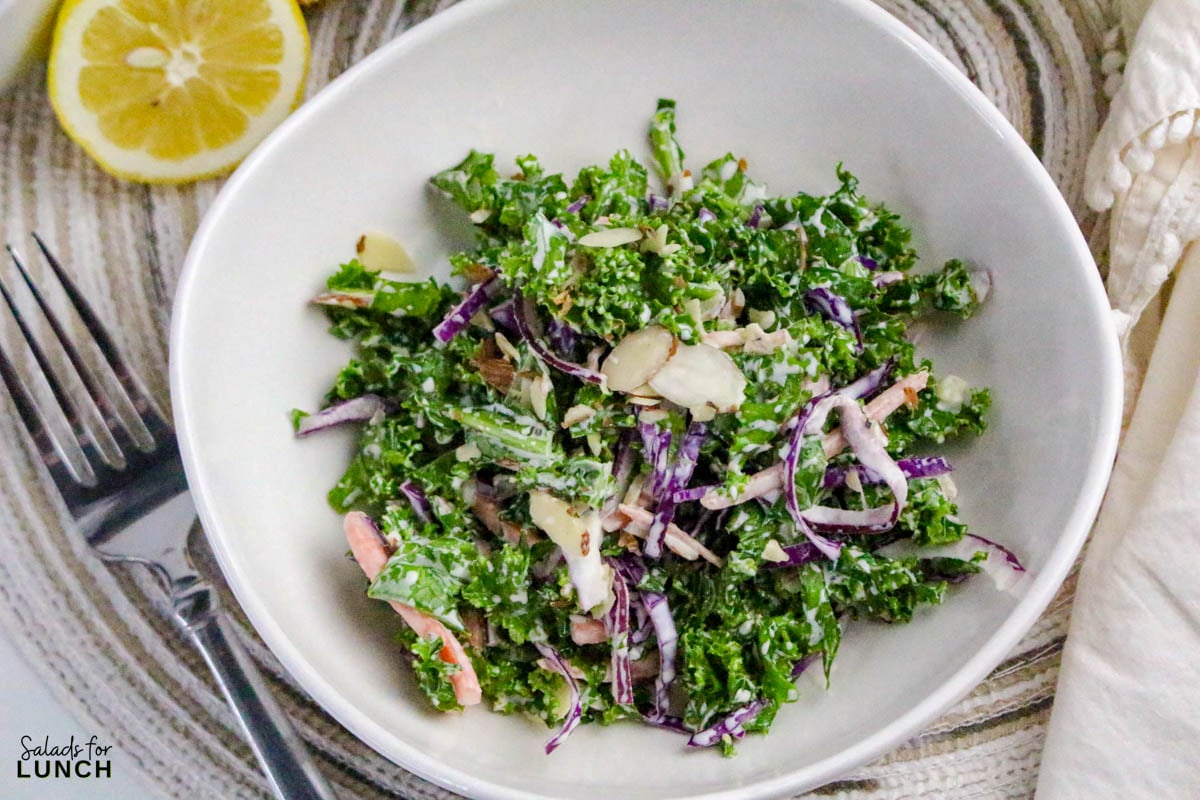 Creamy Kale Salad Recipe 37 - Kale lovers, this one’s for you! This Chopped Kale Salad recipe is crunchy, creamy, and downright crave-worthy. It’s made with tender massaged kale, crisp veggies, and a tangy homemade creamy salad dressing that ties everything together. Whether you’re serving this salad as a side dish or enjoying it as an easy healthy lunch salad recipe, this one’s a winner.