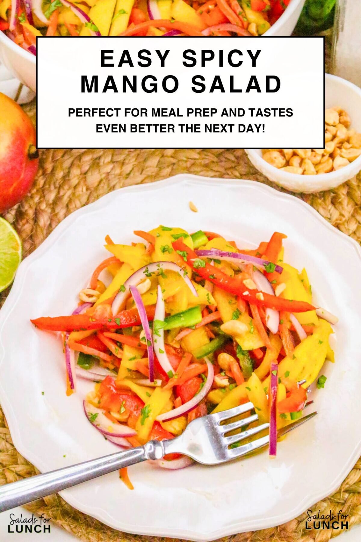 Close up of Spicy Mango Salad in a white bowl with text overlay that says, "Easy Spicy Mango Salad - Perfect for meal prep and tastes even better the next day!".
