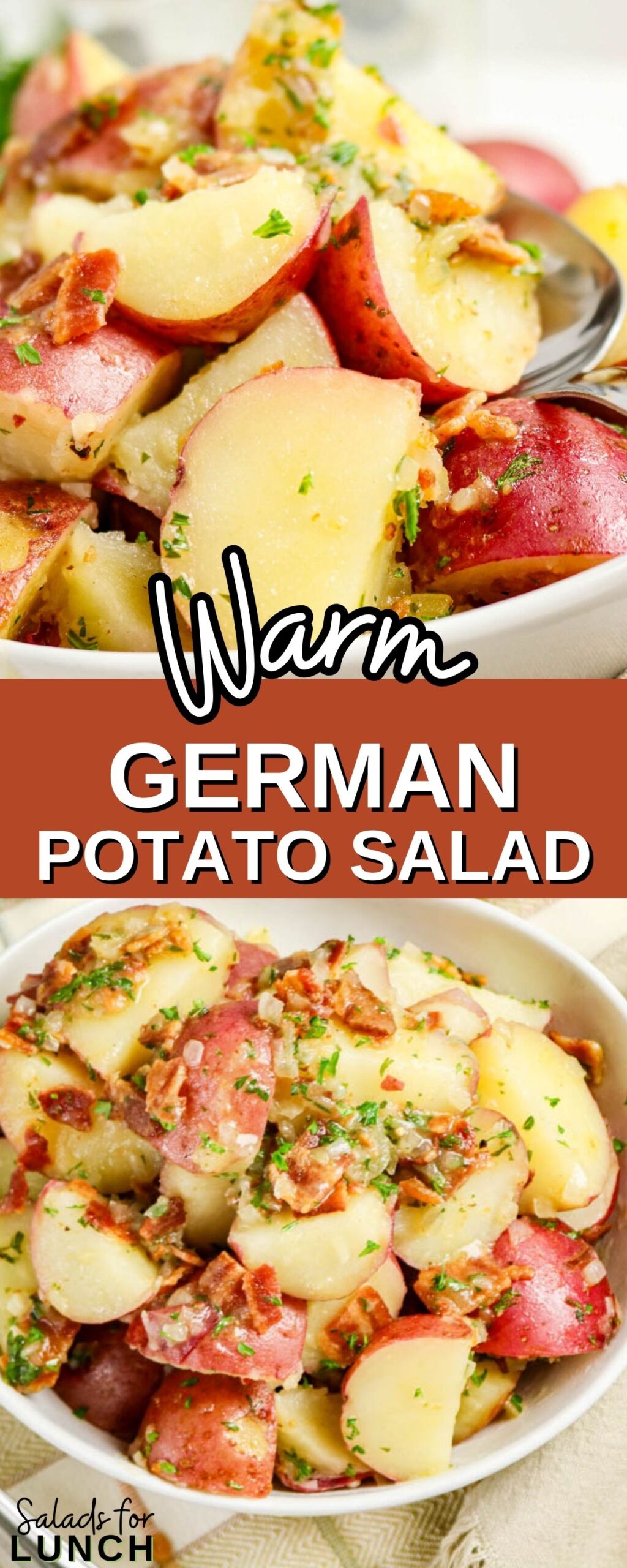 Warm German Potato Salad in a white bowl.