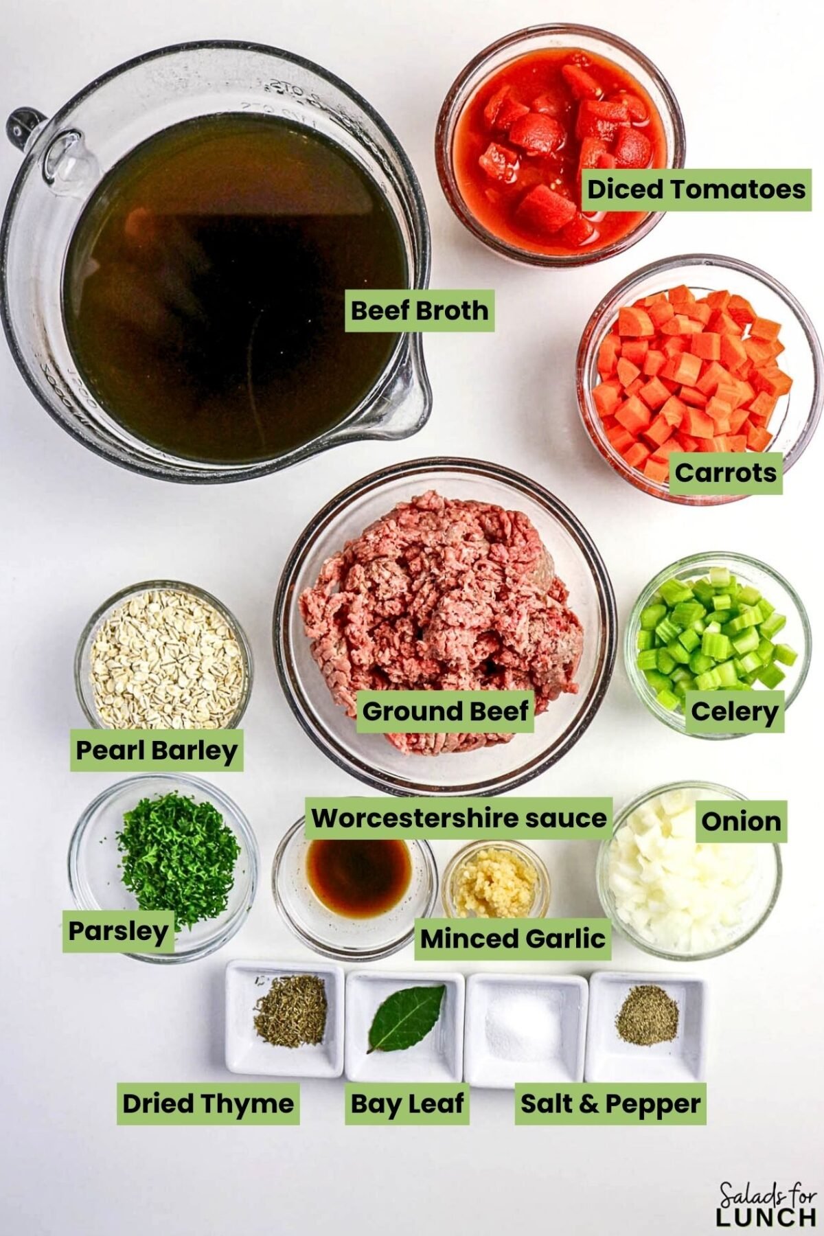 Beef and Barley Soup with Ground Beef - Beef and Barley Soup with Ground Beef Overhead photo showing the ingredients in Beef and Barley Soup with Ground Beef.