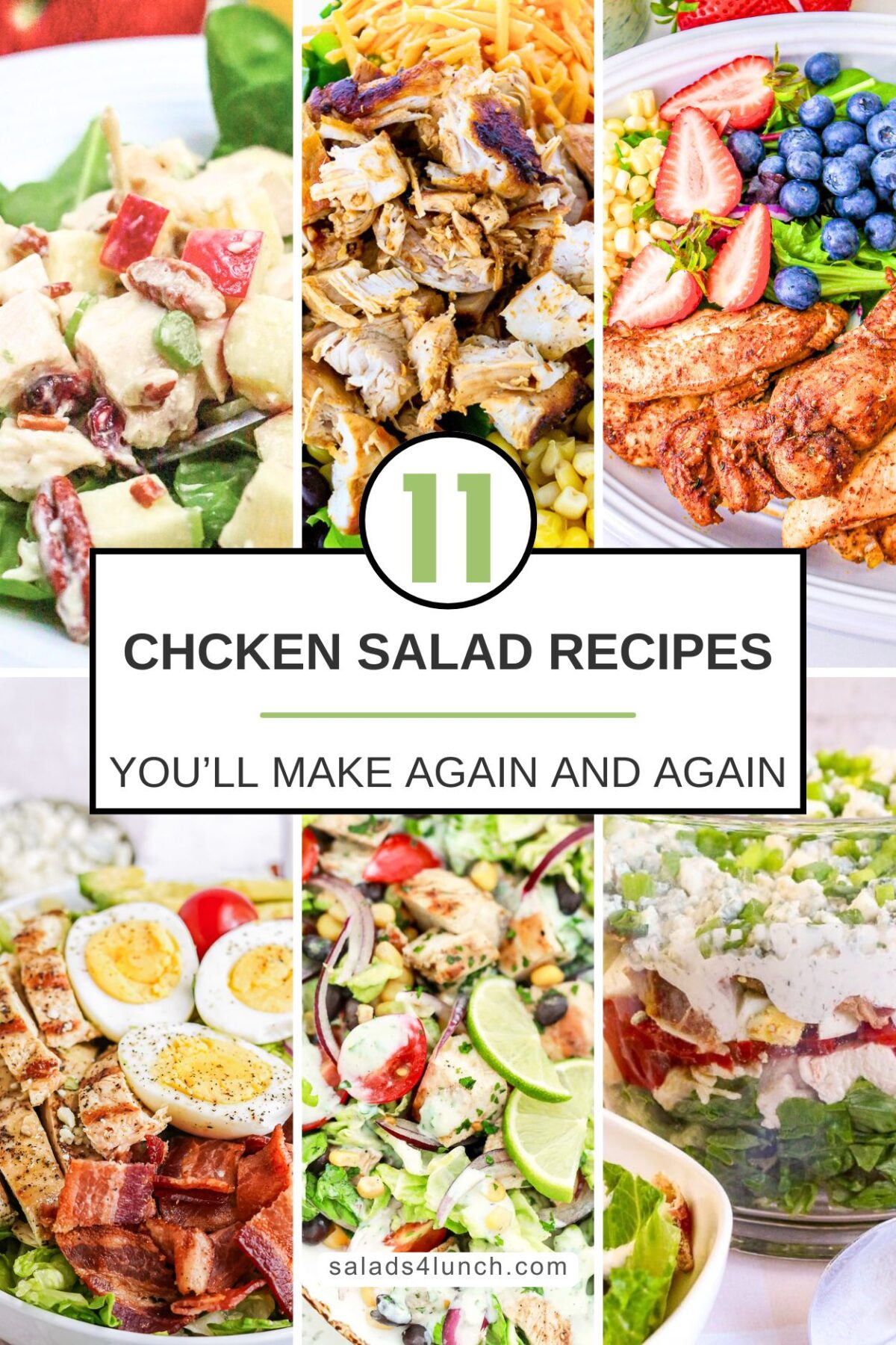 Collage showing 6 different chicken salad recipes.