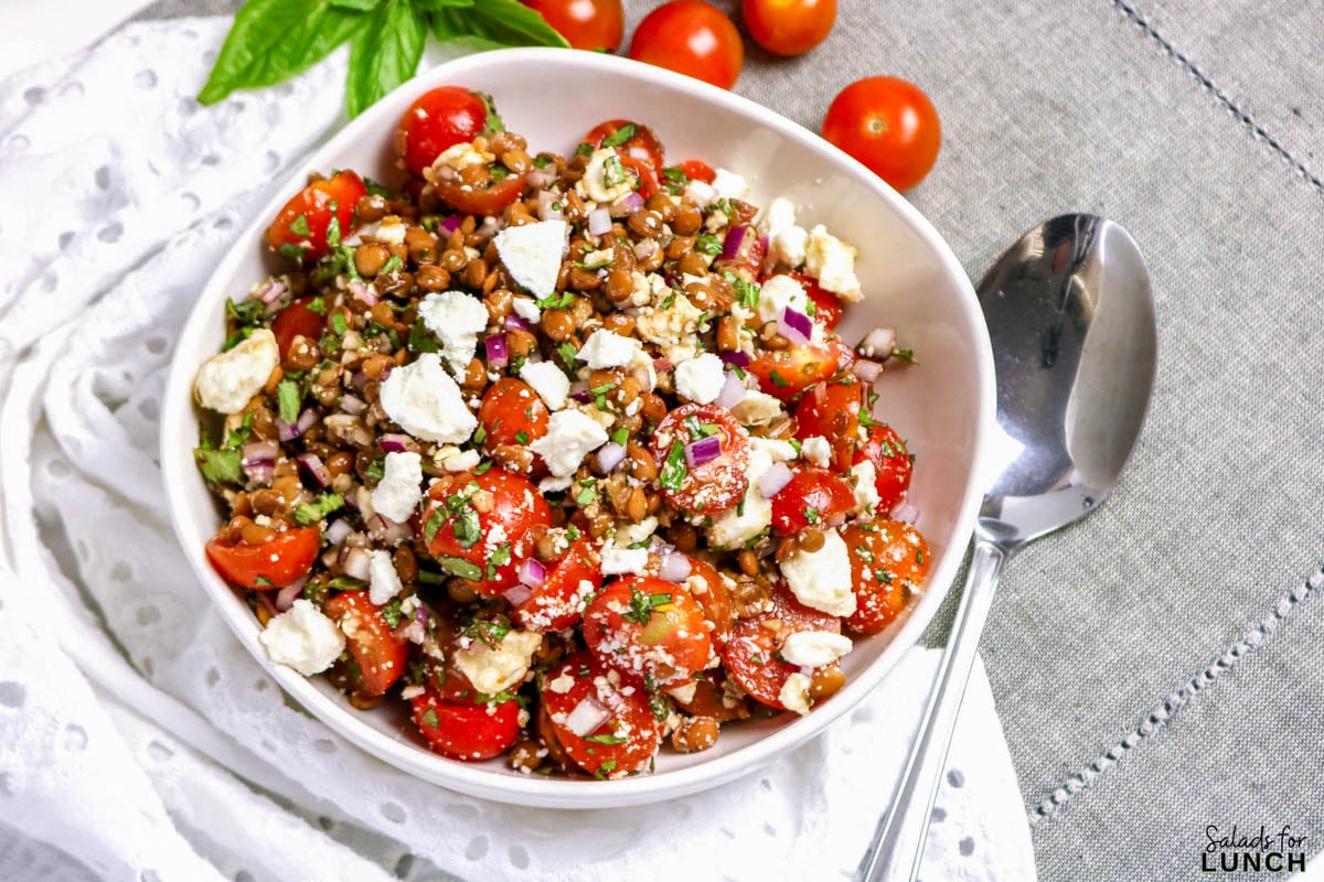 Feta Bruschetta Lentil Salad Recipe 14 - If you love the flavors of classic bruschetta but want something a little more filling and healthy, this Feta Bruschetta Lentil Salad recipe is exactly what you need. It’s packed with fresh cherry tomatoes, garlic, basil, and tangy feta cheese, all tossed with hearty lentils and a simple balsamic dressing. Every bite bursts with Mediterranean flavor, making it perfect for lunch, dinner, or any potluck where you want to bring something that wows without any fuss.