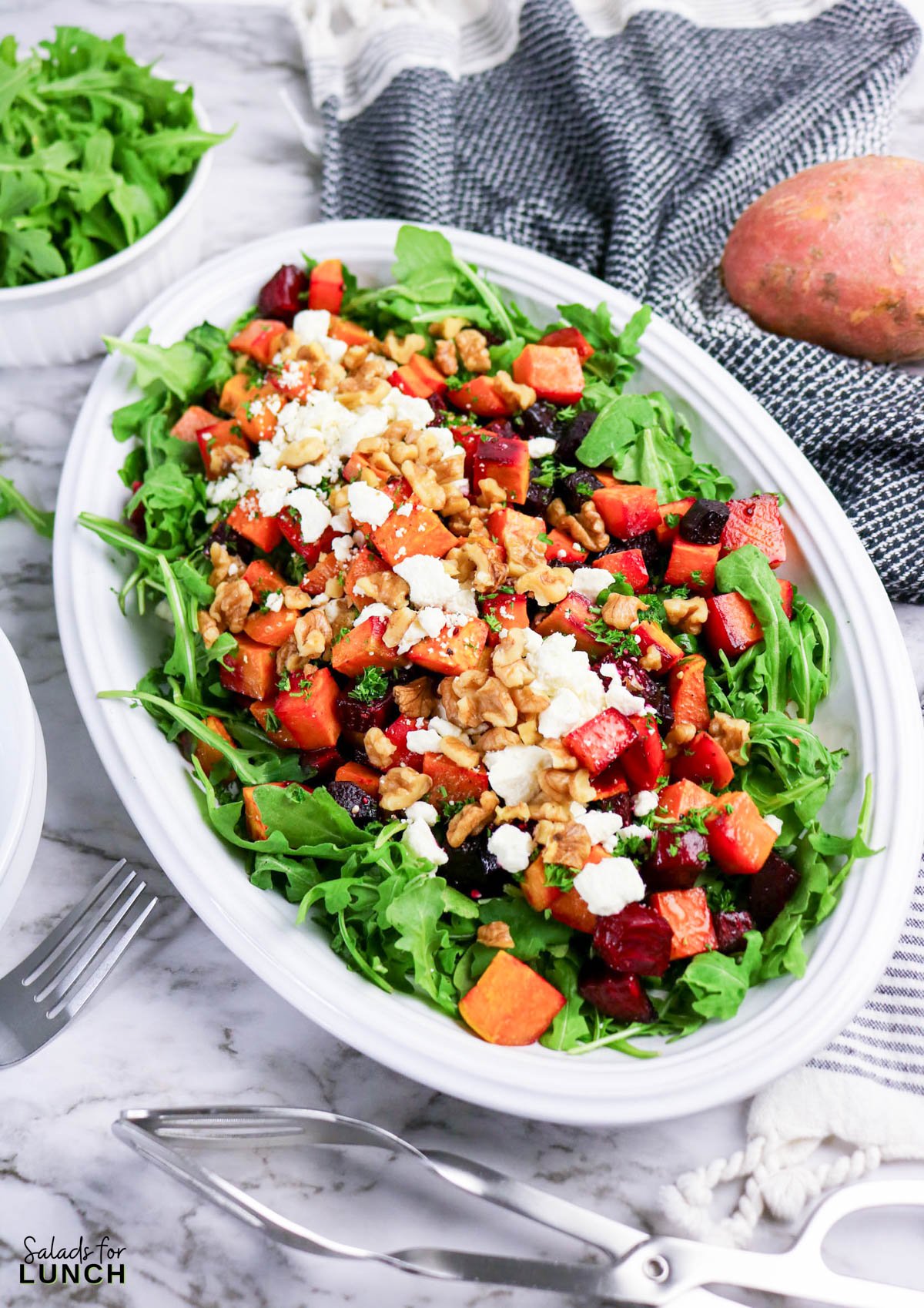 Beet and Sweet Potato Salad Recipe 13 - If you’re hunting for a colorful, hearty salad that feels cozy yet fresh, this Sweet Potato and Beet Salad checks all the boxes. Roasted sweet potatoes bring natural sweetness, roasted beets add earthy flavor, and a tangy balsamic dressing ties everything together. Tossed with greens, feta, and toasted nuts, this salad works beautifully as a holiday side dish or a light lunch.