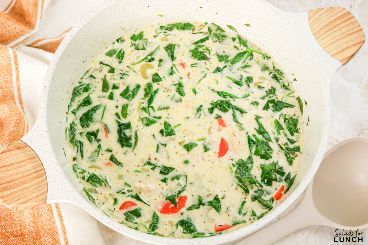 Close up of a big white pot full of Chicken Florentine Soup.