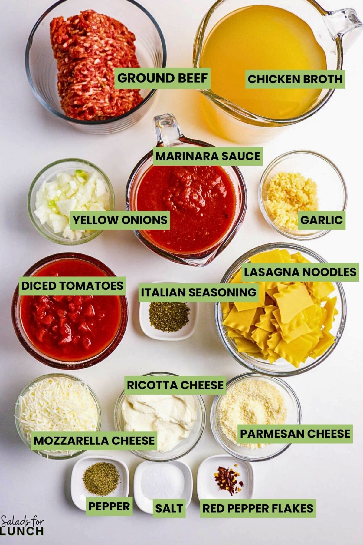 Overhead photo of the ingredients for lasagna soup laid out.