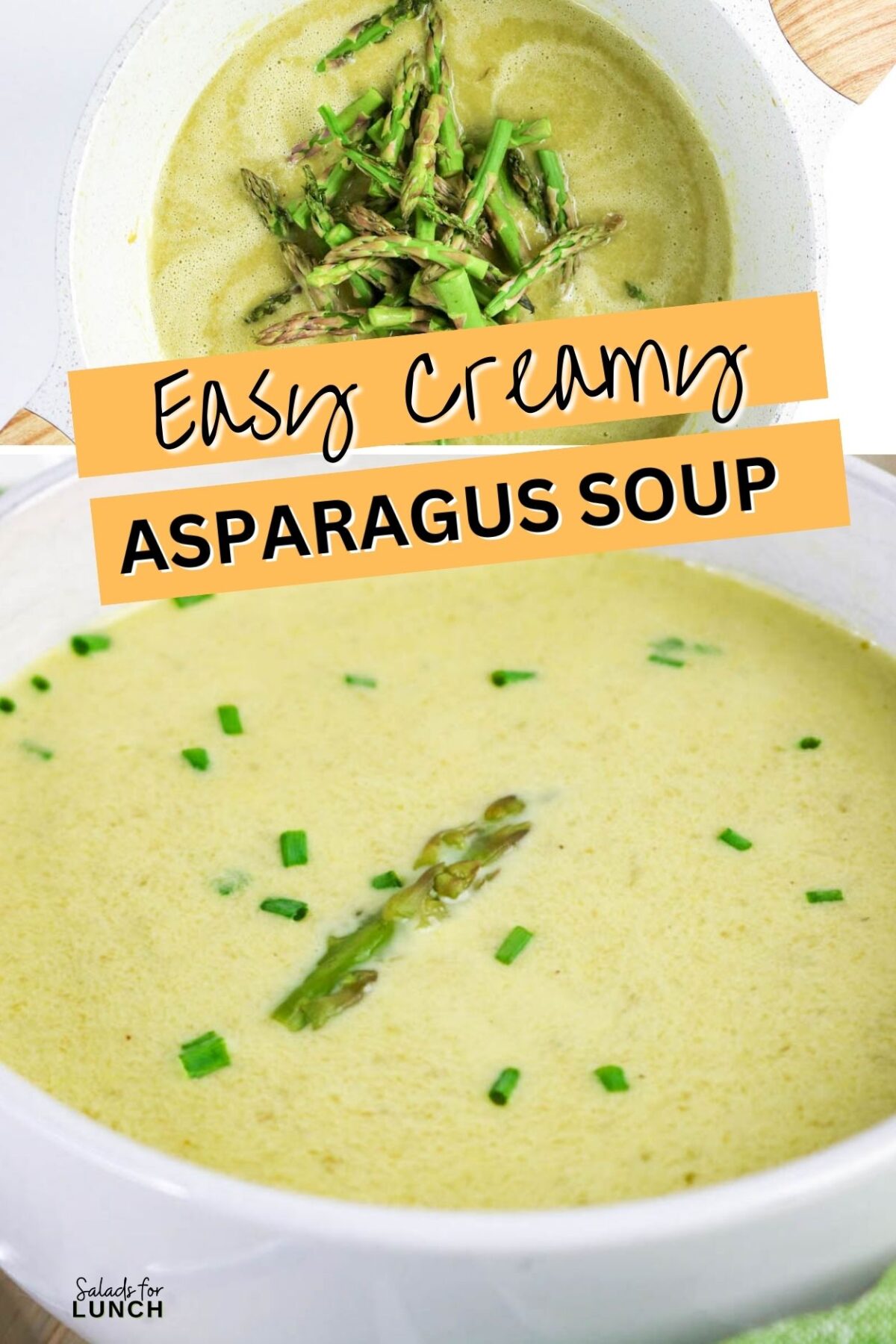 Collage of easy creamy asparagus soup photos.