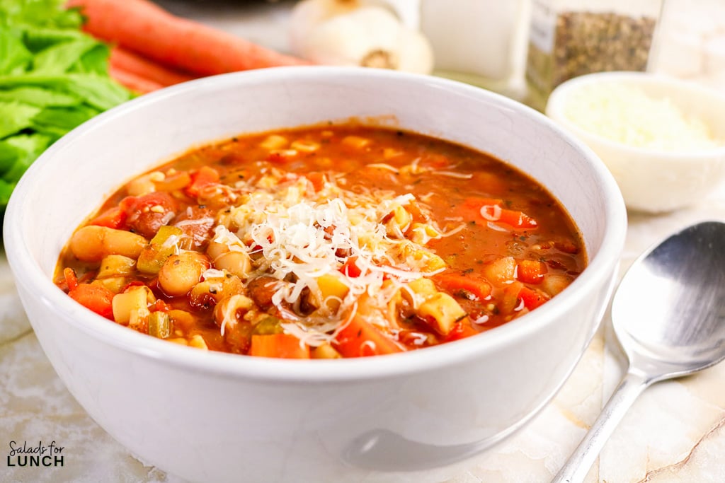 Italian Pasta Fagioli Soup 24 - This stovetop Italian pasta fagioli soup works perfectly as a weeknight dinner or a make-ahead lunch option. The ingredients are easy to find, the steps are simple to follow, and the end result is a hearty bowl of soup that tastes like it took far more effort than it actually did.