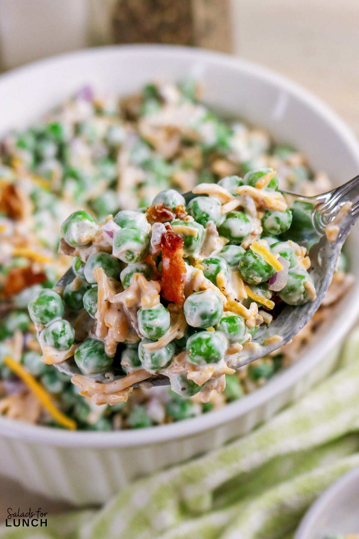 Classic Pea Salad with Bacon and Cheese (No Mayo) - Pea Salad Recipe No Mayo 20 Pea Salad Recipe No Mayo 20 - Say goodbye to heavy, overly-mayo-laden recipes, and say hello to this bright, light, and flavor-packed Classic Pea Salad. This isn’t your grandmother’s creamy classic (although we love hers too!); this version uses a light, tangy sour cream-based dressing that makes every spoonful feel fresh and wonderful. It’s the simple, cold side dish that perfectly complements any grilled chicken or baked fish.