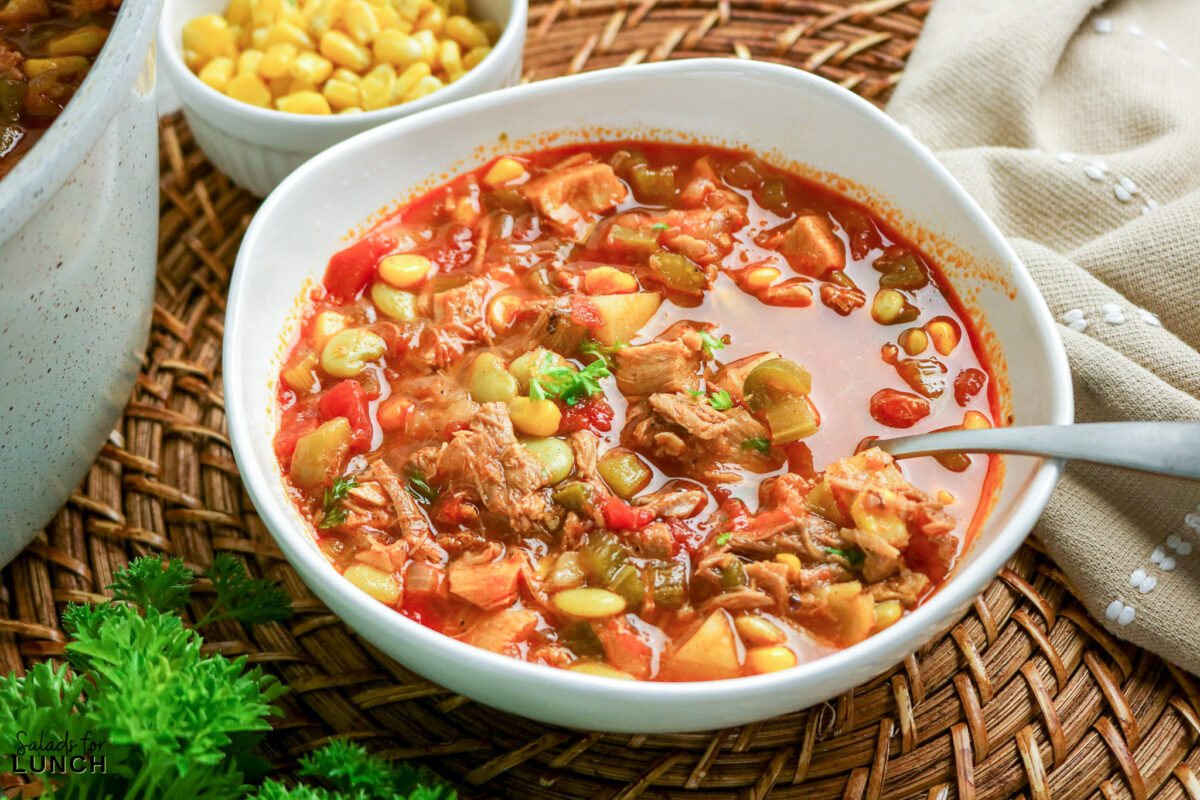 Bowl of hearty Brunswick stew with chicken, pork, corn, and lima beans, ready to eat. Easy Brunswick stew recipe.