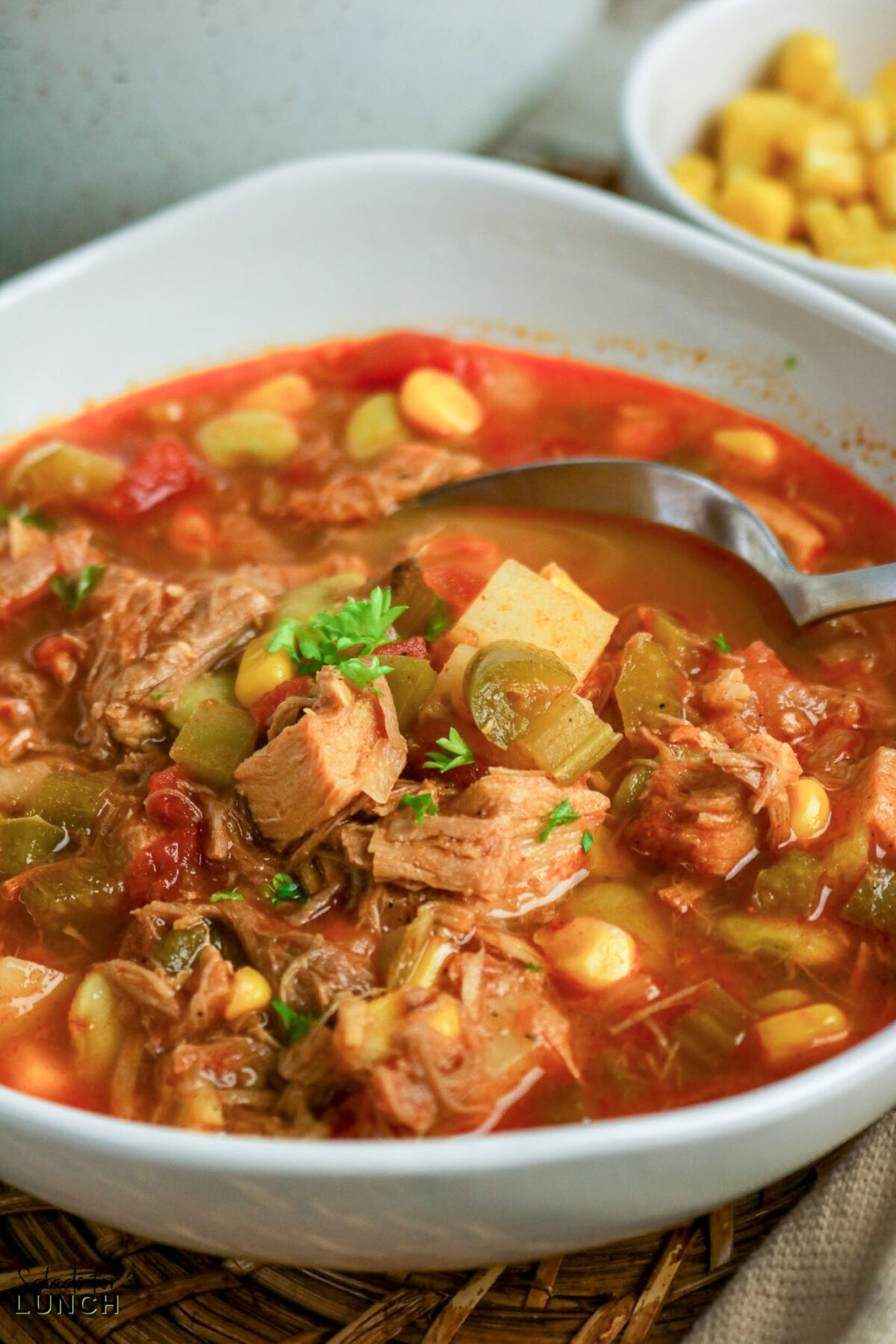 Hearty bowl of Brunswick stew with chicken, pork, corn, and tomatoes. Easy one pot soup.