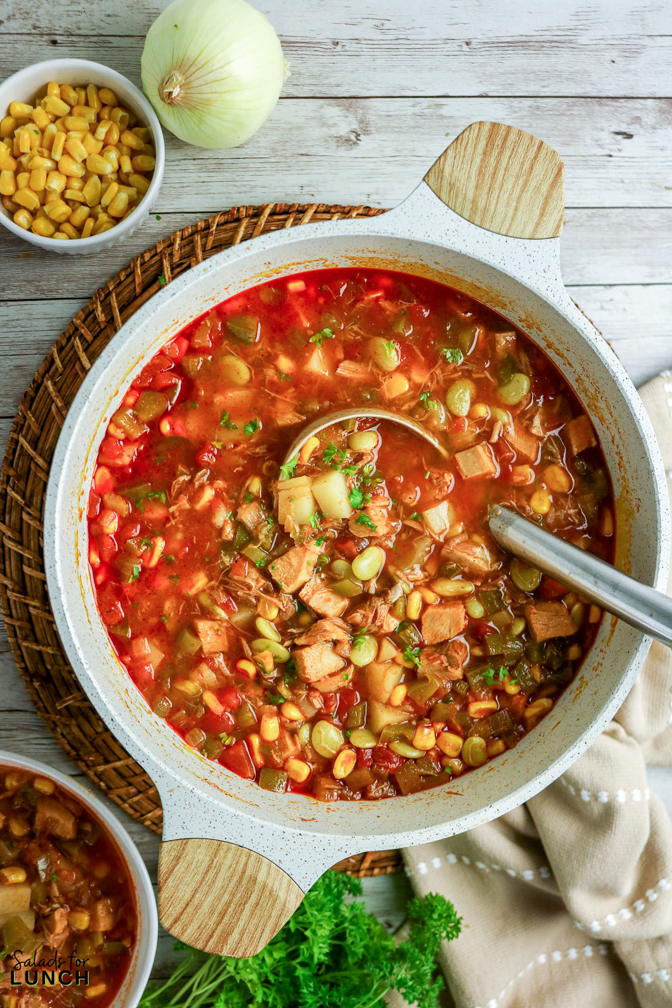 Brunswick Stew Recipe 17 - Learn how to make easy Brunswick stew with chicken and pulled pork. This hearty Southern Brunswick stew recipe is a simple one-pot meal with vegetables and rich tomato broth.
