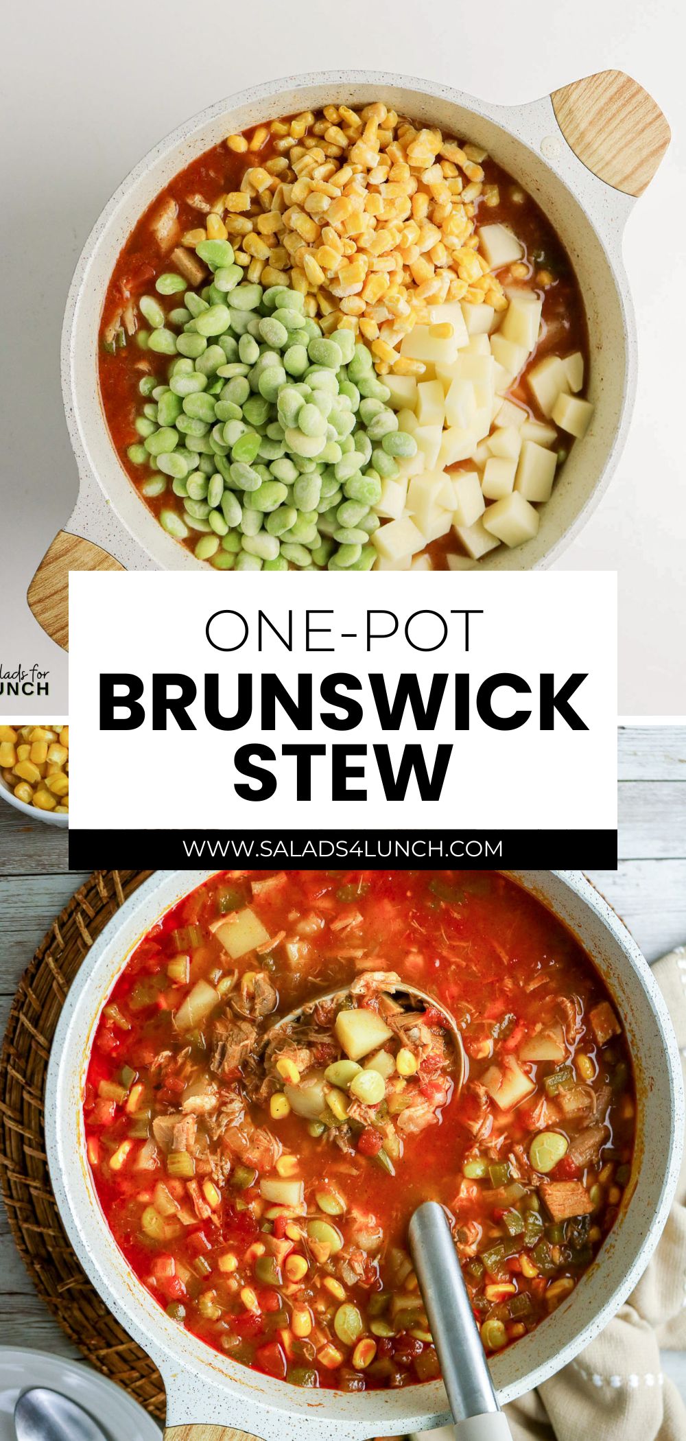 One-pot Brunswick stew ingredients and finished stew, text: One-Pot Brunswick Stew.