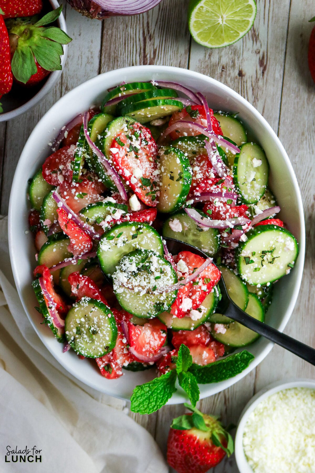 Strawberry Cucumber Salad with Feta and Mint in a white bowl, garnished with mint.