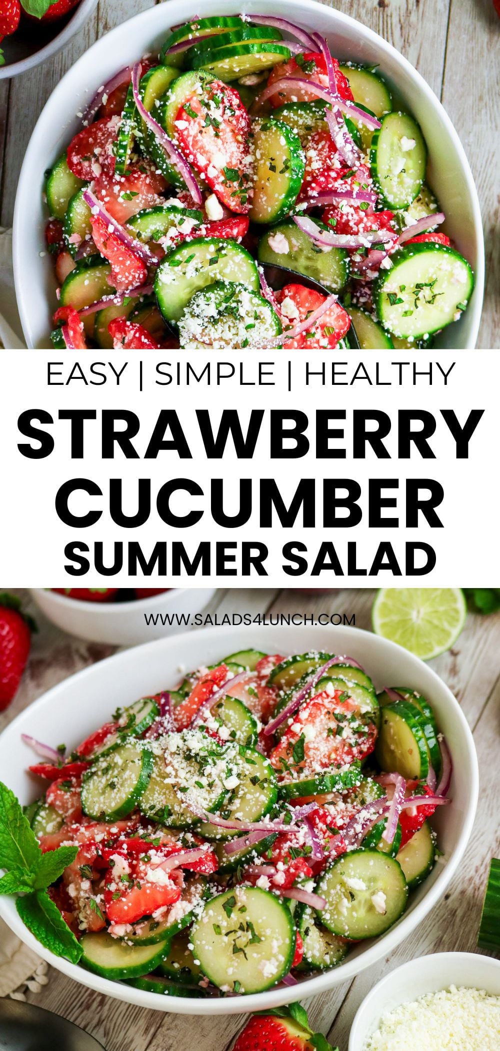 Strawberry Cucumber Salad with Feta and Mint. Easy, simple, healthy summer salad recipe.