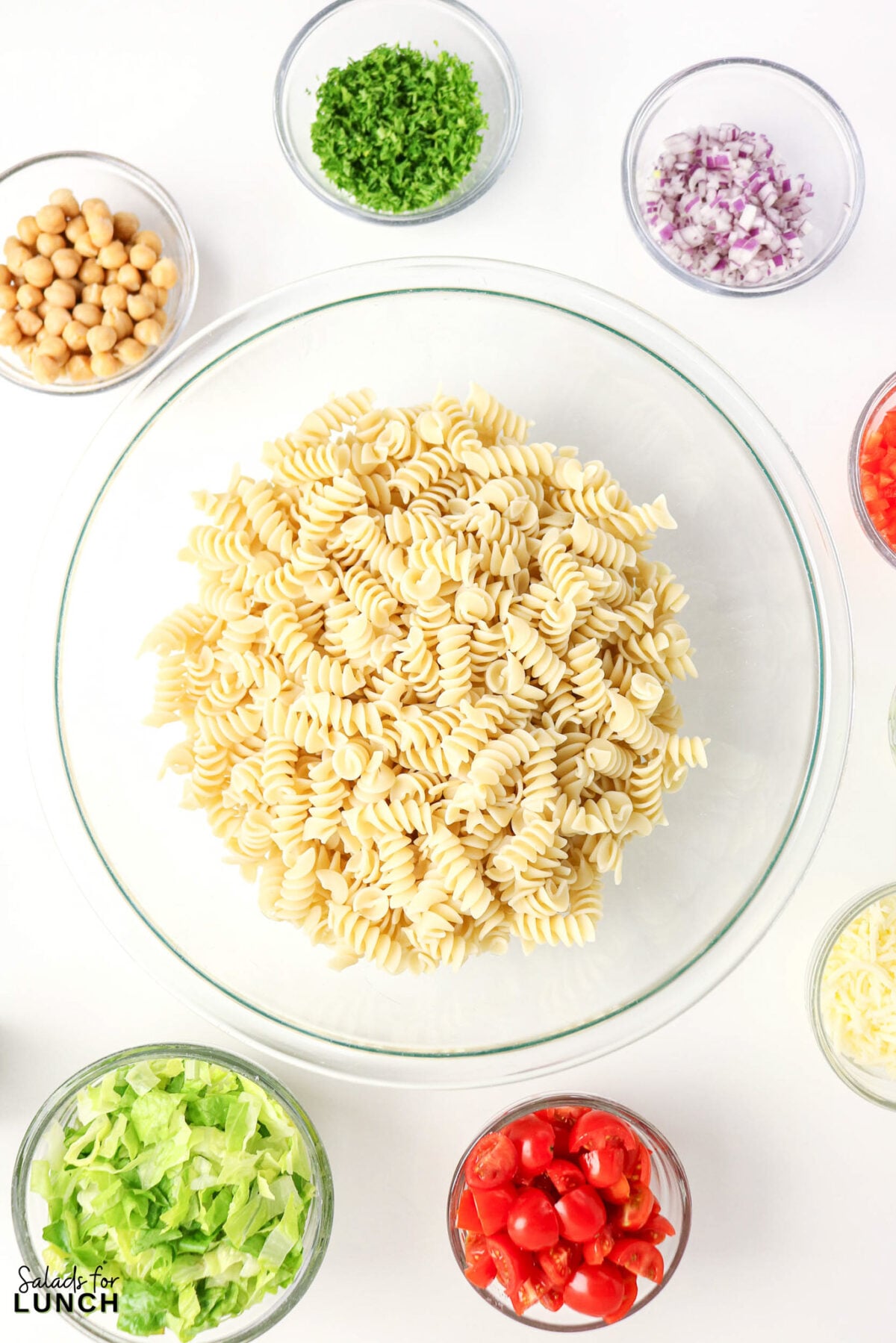 Ingredients for pasta salad: rotini pasta, chickpeas, red onion, parsley, tomatoes, lettuce, and cheese.