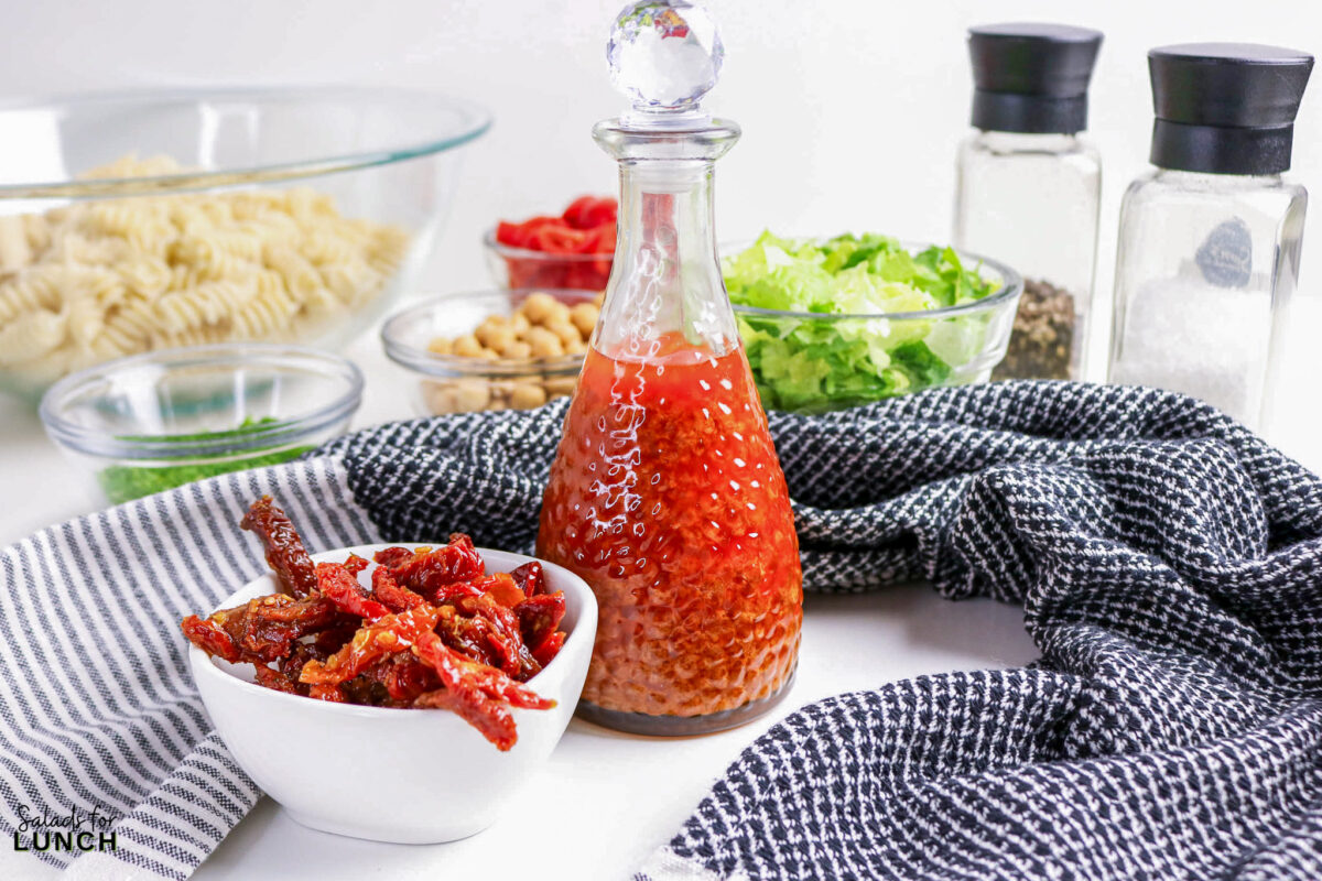 Easy Homemade Sun Dried Tomato Vinaigrette Dressing - pasta salad ingredients sun dried tomatoes Pasta salad ingredients including sun-dried tomatoes, pasta, lettuce, and dressing.