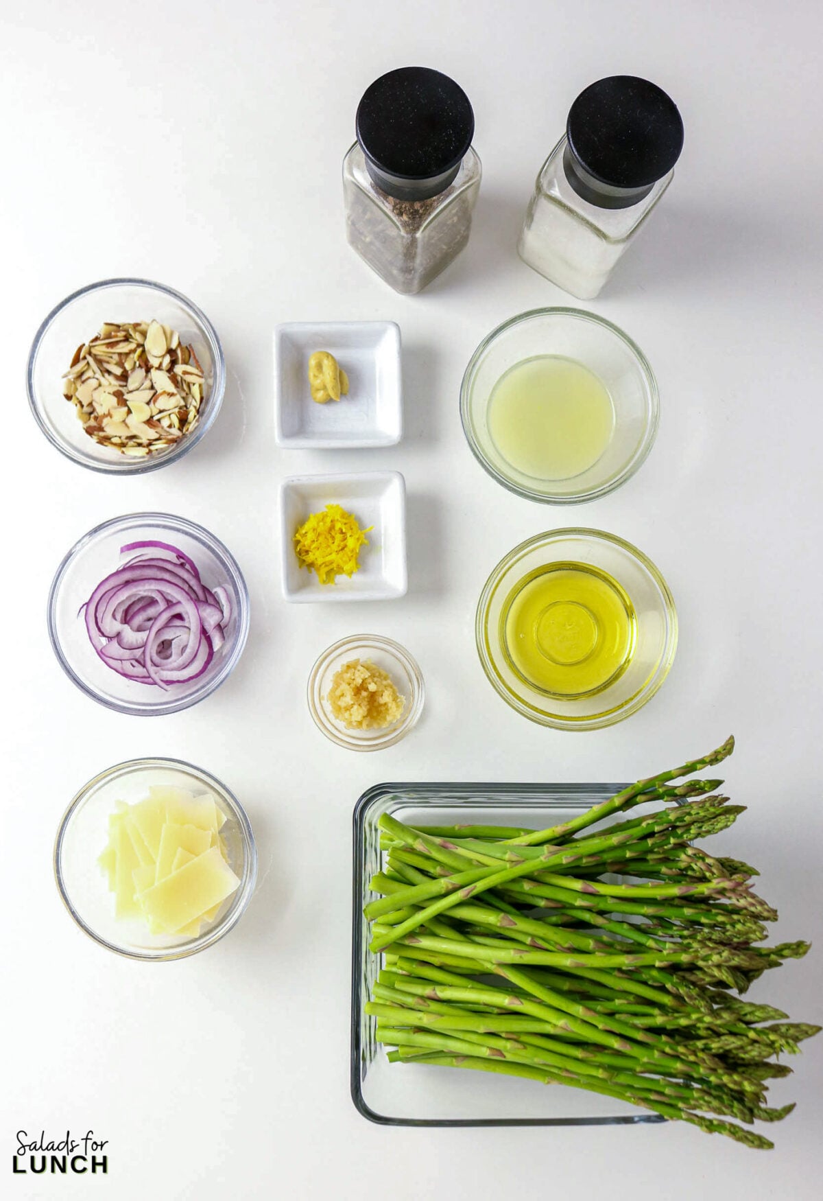 Shaved Asparagus Salad with Lemon Vinaigrette - asparagus salad ingredients 1 Ingredients for asparagus salad: asparagus, almonds, red onion, cheese, lemon juice, olive oil, garlic, mustard, salt, pepper.