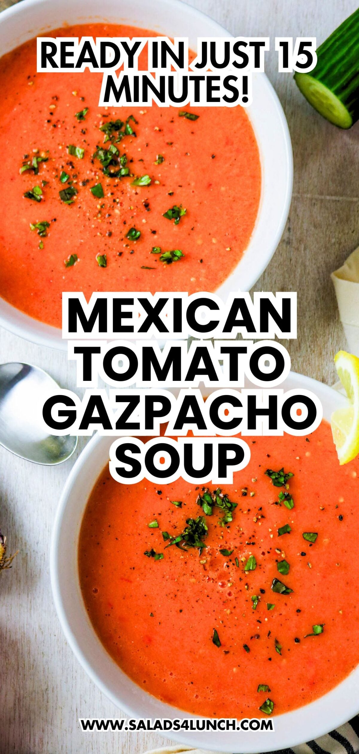 Mexican Tomato Gazpacho Soup ready in 15 minutes, garnished with herbs.