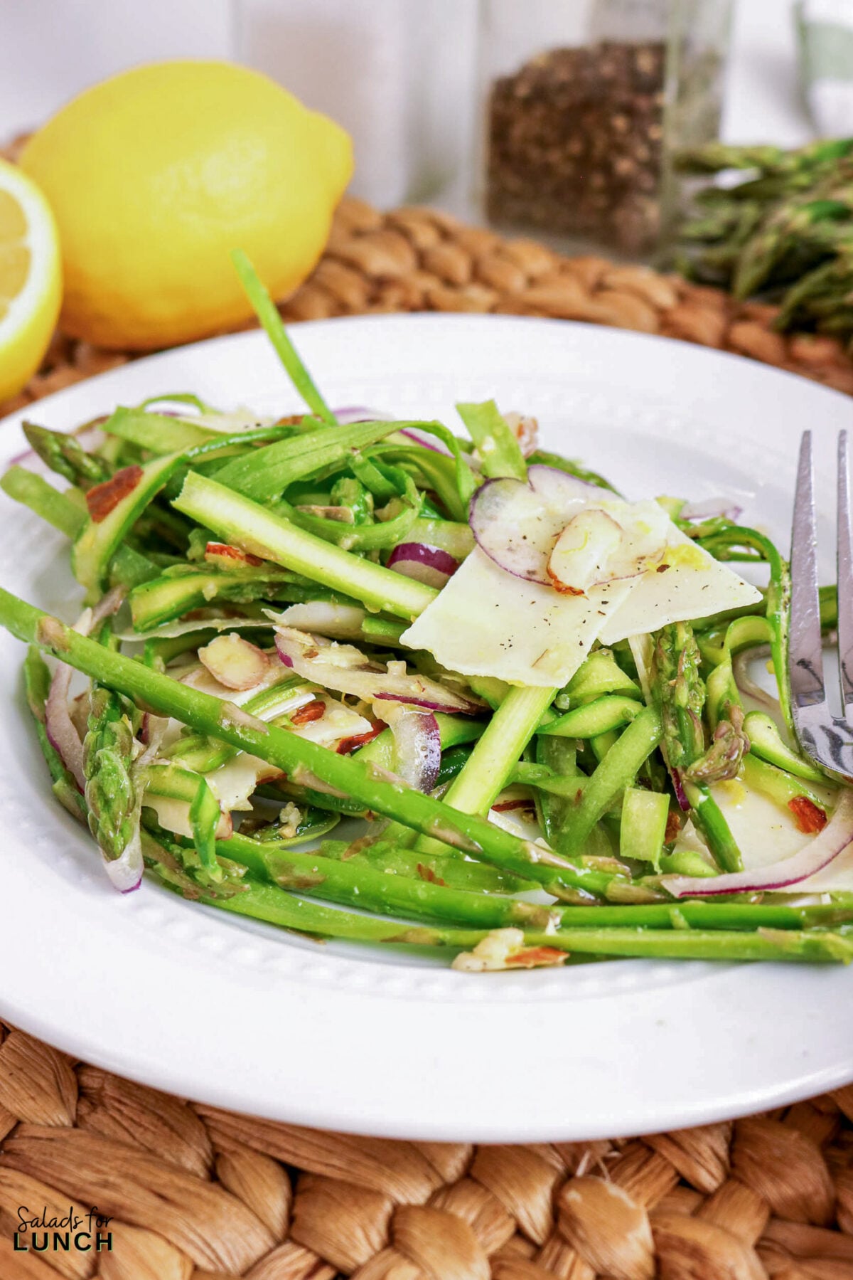 Shaved Asparagus Salad with Lemon Vinaigrette - shaved asparagus salad parmesan almonds Shaved asparagus salad with red onion, almonds, and shaved Parmesan cheese on a white plate.